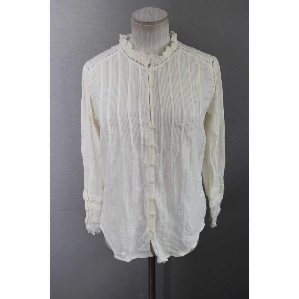 Quince Organic Textured Cotton Peasant Blouse XS White Ruffle Pintuck Womens Top